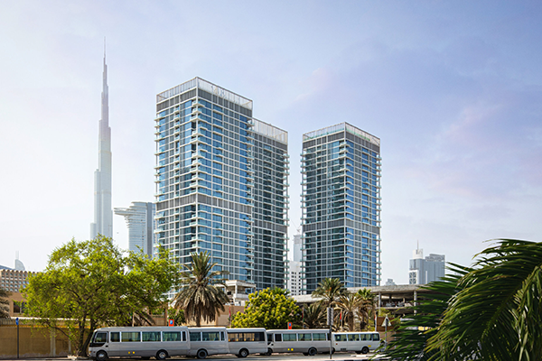 Street in front of high-rise buildings in Dubai