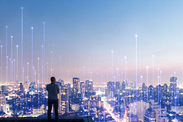 Man alone over top skyscraper