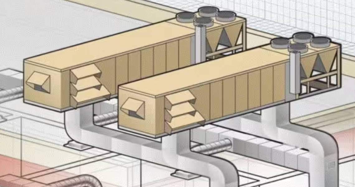 A diagram of two rooftop units simultaneously serving common supply and return shafts, demonstrating 'twinning'