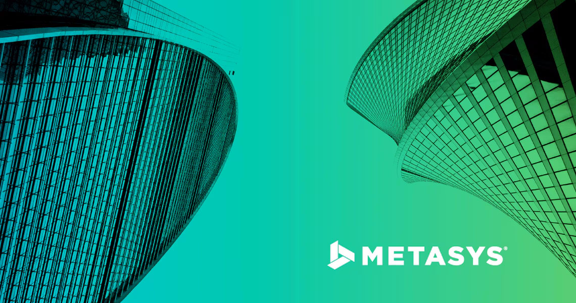Two buildings overlaid with a turquoise gradient, with the Metasys logo in white at the bottom