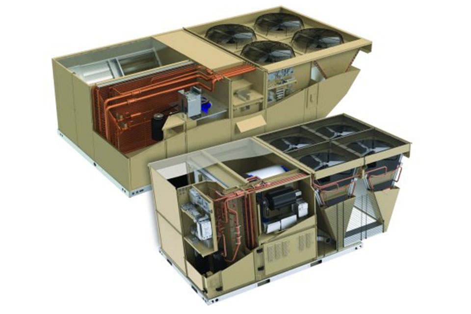 Two commercial rooftop units on a white background
