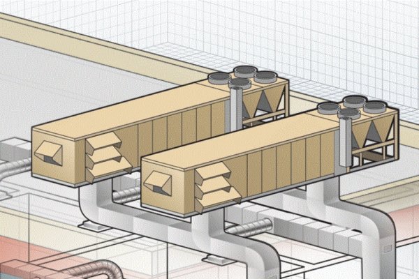 A diagram of two rooftop units simultaneously serving common supply and return shafts, demonstrating 'twinning'